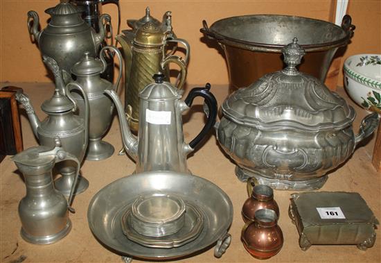 Oval pewter bowl with lid, brass bucket & mixed pewter coffee pots etc